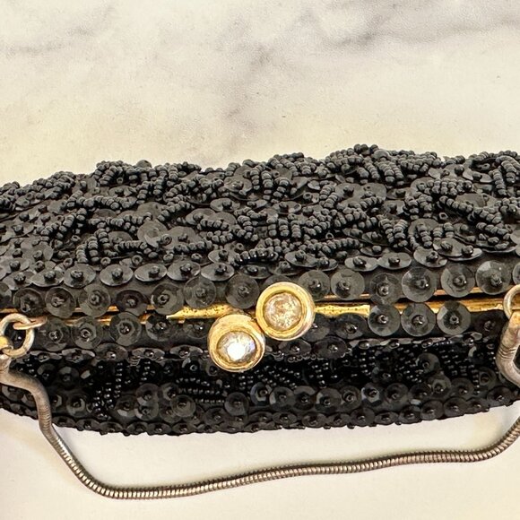 1950 Black Beaded & Sequined Convertible Clutch Evening Bag Rhinestone Kiss Lock - Picture 4 of 7